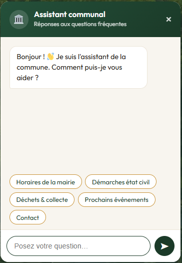 Assistant communal · Réponses aux questions fréquentes, suggestions rapides